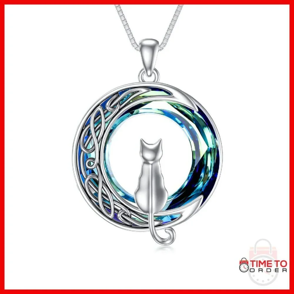 Sterling Silver Cat Moon Pendant Necklace with Crystal Gift for Women